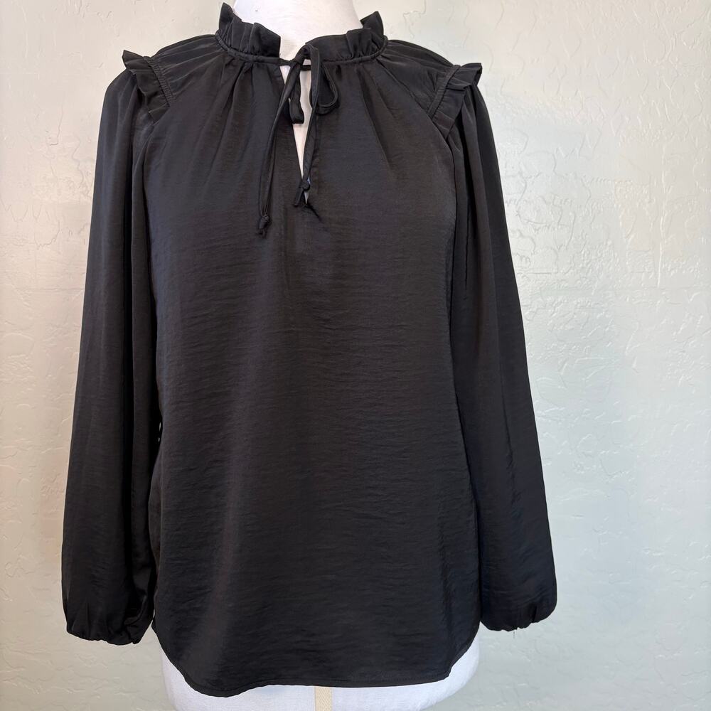 Black Ruffle Collar Long Sleeve Blouse Sm Victorian Romantic Prairie Tie Neck